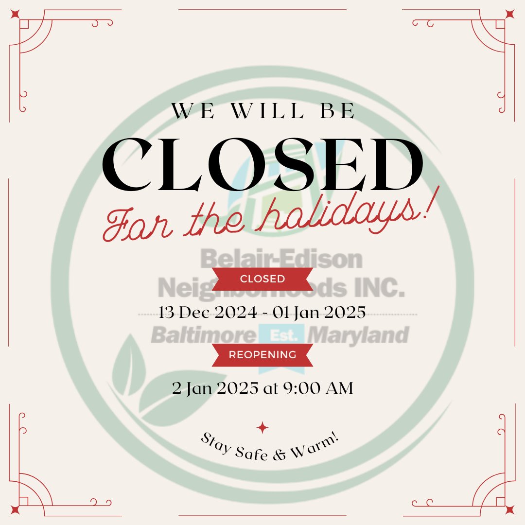 OFFICE CLOSURE! BENI's office will be closed from December 13th 2pm- Until January 1st and will reopen on January 2nd at 9am. Please feel free to call us before our closure at 410-485-8422. Stay safe and warm and see you in the new year everyone!
