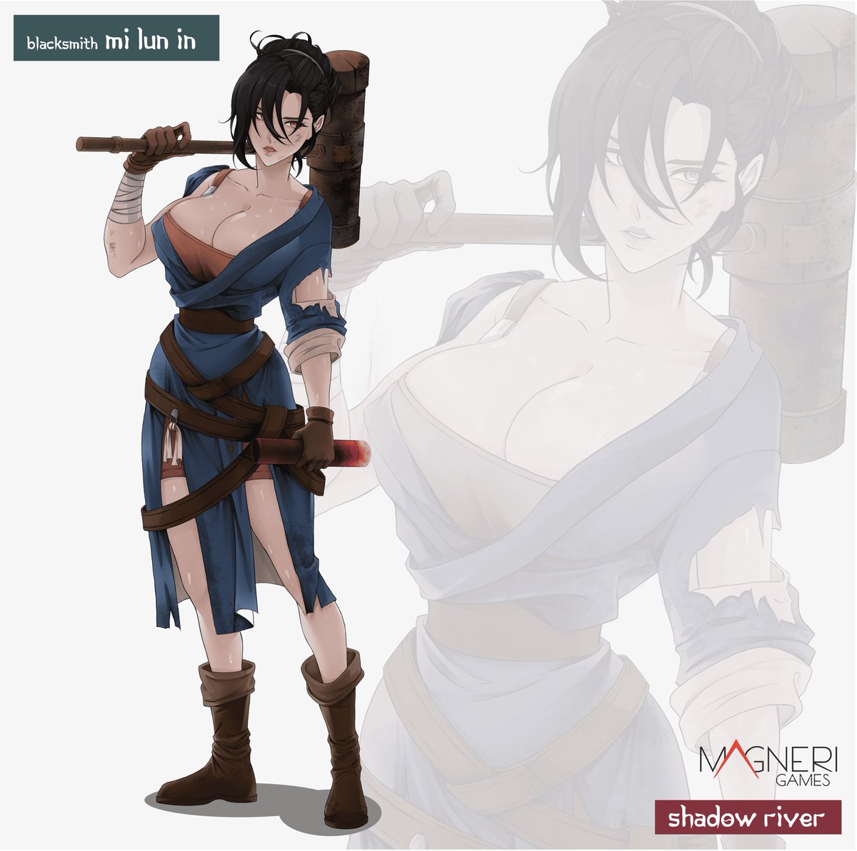 MagneriGames's tweet photo. Her eyes are filled with charm! She has a hammer in her hands and a passion for iron in her heart. 
We present to you our blacksmith. We hope you will also like our blacksmith woman.
#AnimeArt #RPG #indiegame #blacksmith #waifu #indie_anime #indiedev #asiangirl https://t.co/OcPTegXCmc