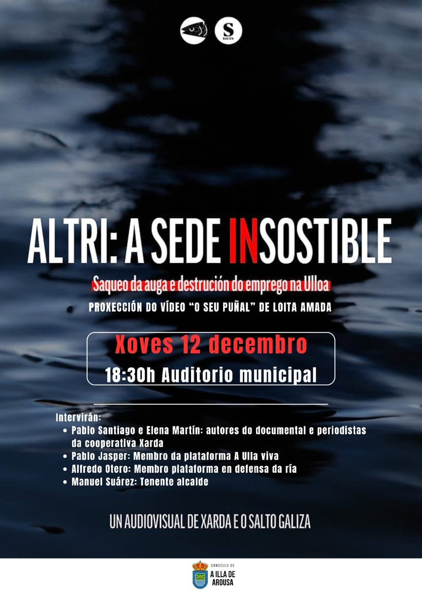 ArousaBng's tweet photo. Lembrade, comeza en 15 minutos no multiusos da #illadeArousa na praza do Concello, "Altri: A sede insostible" con @pablostiago, @unamsua, #alfredootero e #jasper . #AltriNon https://t.co/3fgDSheWW9