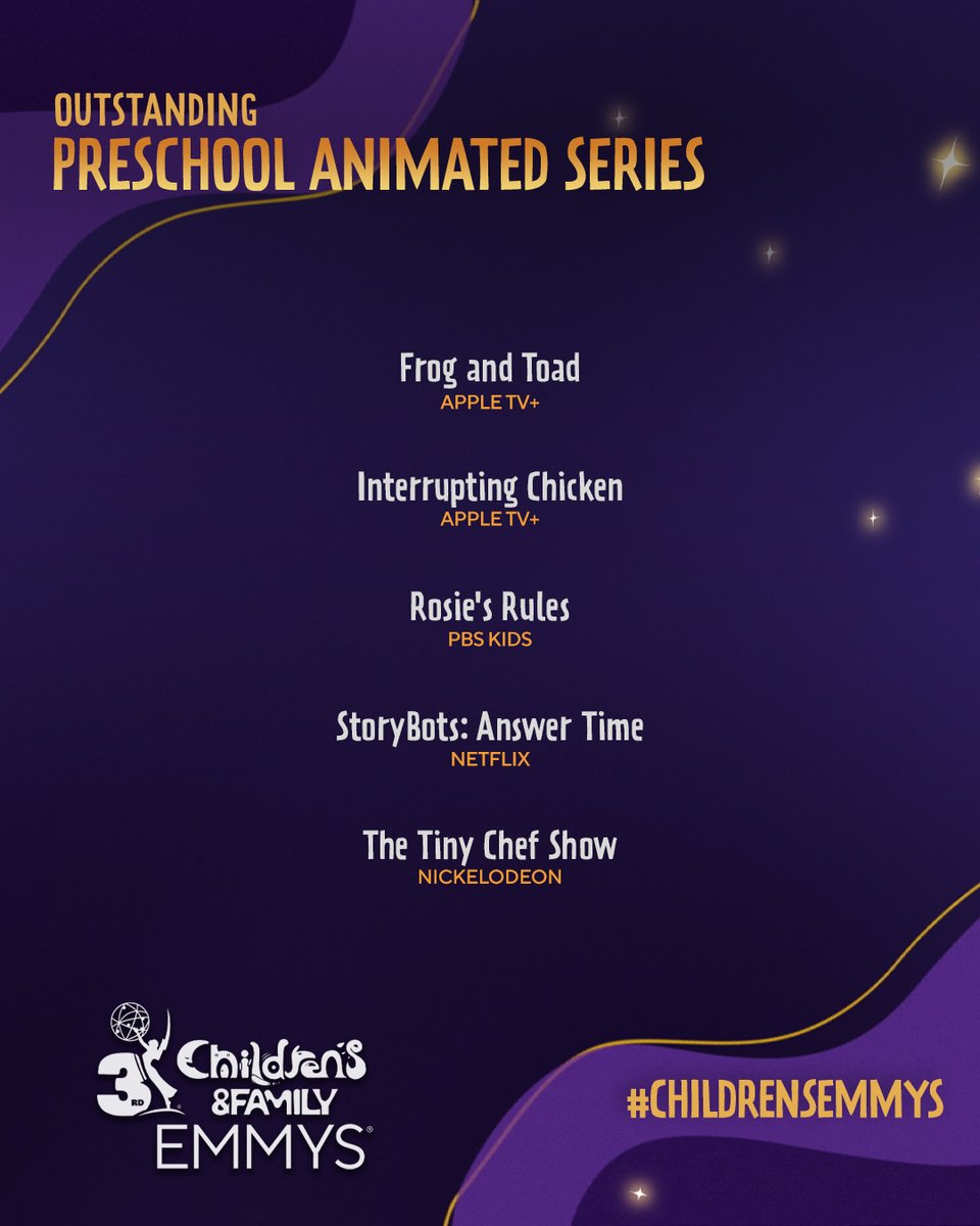 TheEmmys's tweet image. The #ChildrensEmmys Nominees for Preschool Animated Series are:
- Frog and Toad (@appletv) 
- Interrupting Chicken (@appletv) 
- Rosie's Rules #RosiesRules @PBSKIDS
- StoryBots: Answer Time @StoryBots @Netflix @NetflixFamily
- The Tiny Chef Show @thetinychefshow (@nickelodeon)