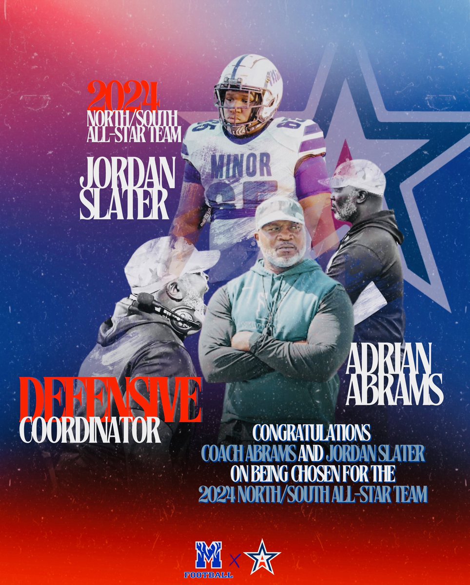 Minor High School Football (@tigerminor) on Twitter photo Our very on HC <a href="/CoachAbrams/">Adrian Abrams</a> will serve as Defensive Coordinator in the North/South All-Star game!! Senior Offensive Lineman <a href="/Jordan_Slater3/">Jordan Slater</a> is also participating. The game will be played December 13 <a href="/2pm/">Two O'clock</a>, at Hancock-Whitney Stadium in Mobile, AL. #ALLIN #TheParkway 🟣⚪️🐅 Our very on HC <a href="/CoachAbrams/">Adrian Abrams</a> will serve as Defensive Coordinator in the North/South All-Star game!! Senior Offensive Lineman <a href="/Jordan_Slater3/">Jordan Slater</a> is also participating. The game will be played December 13 <a href="/2pm/">Two O'clock</a>, at Hancock-Whitney Stadium in Mobile, AL. #ALLIN #TheParkway 🟣⚪️🐅