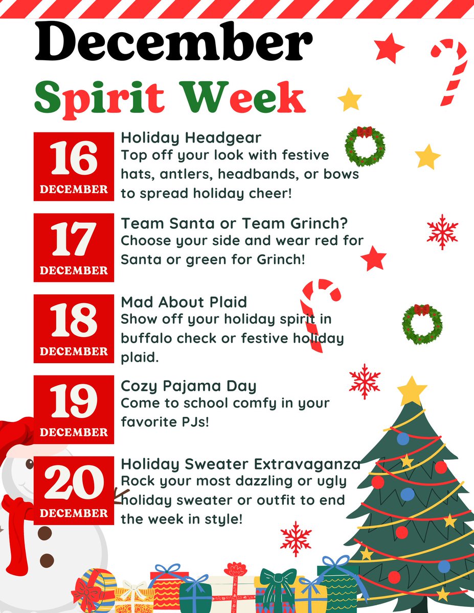 🎄✨ Spirit Week at Roosevelt Elementary! ✨🎄

🎅 Dec. 16: Holiday Headgear
🎁 Dec. 17: Team Santa (red) or Grinch (green)
🎄 Dec. 18: Mad About Plaid
🛏 Dec. 19: Cozy Pajama Day
🎉 Dec. 20: Holiday Sweater Day

Let’s spread some holiday cheer! 🎉