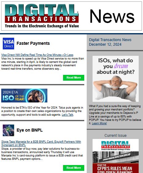 DTPaymentNews's tweet photo. Today's Digital Transactions News: Visa Direct Targets Less Than 1-Minute Transactions; Eye on BNPL; Nuvei’s Google Pay Expansion
https://t.co/3VveMj8J6q
#payments #VisaDirect #realtimepayments #A2Apayments #debitcards #P2Ppayments #MastercardSend #BNPL #Nuvei #GooglePay https://t.co/1hs40m5okA