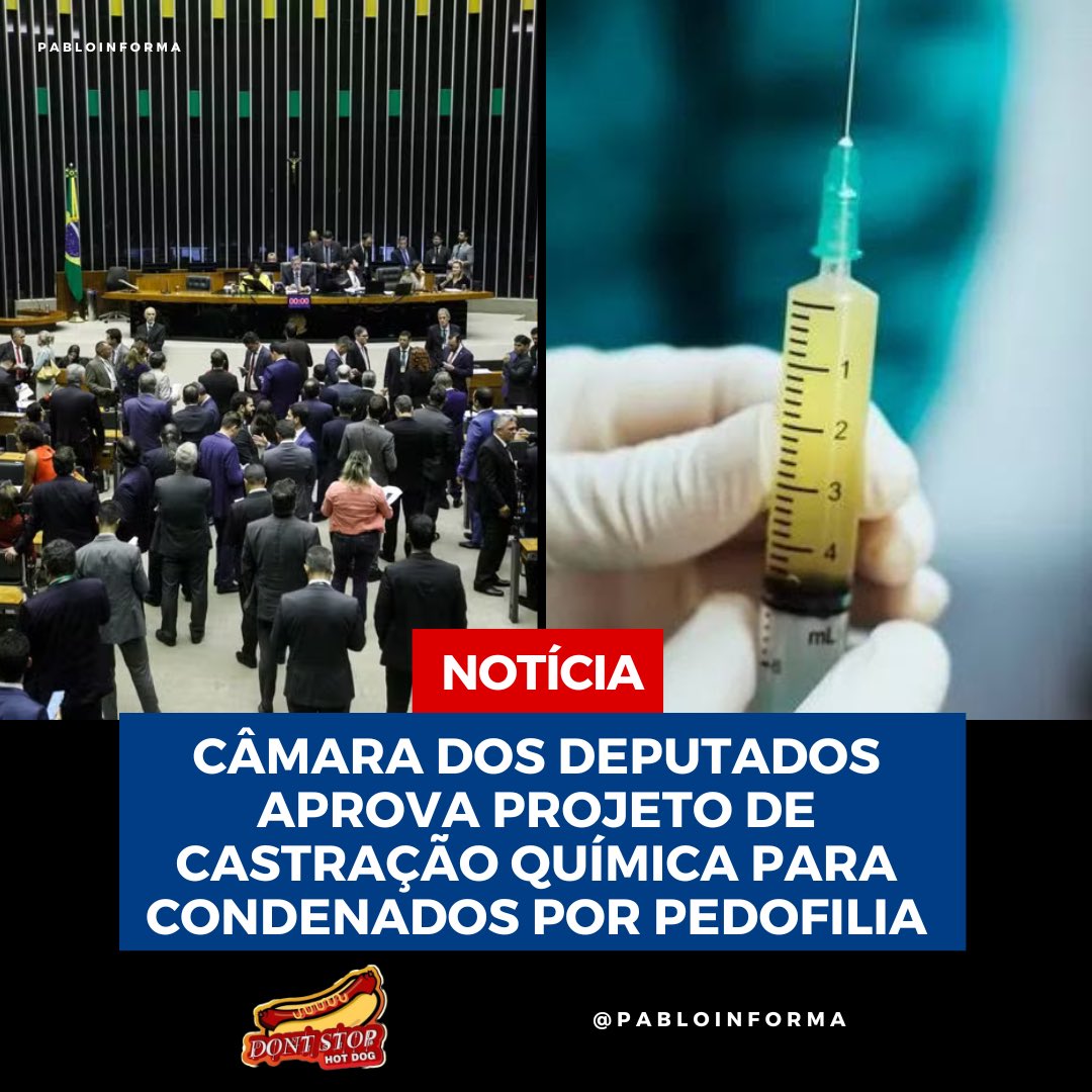 Pablowbraz's tweet photo. A Câmara dos Deputados aprovou, com 267 votos a favor, um projeto de lei que prevê a castração química para condenados por pedofilia. O procedimento será realizado com medicamentos inibidores da libido, conforme regulamentação do Ministério da Saúde. https://t.co/FXbueYUSnu