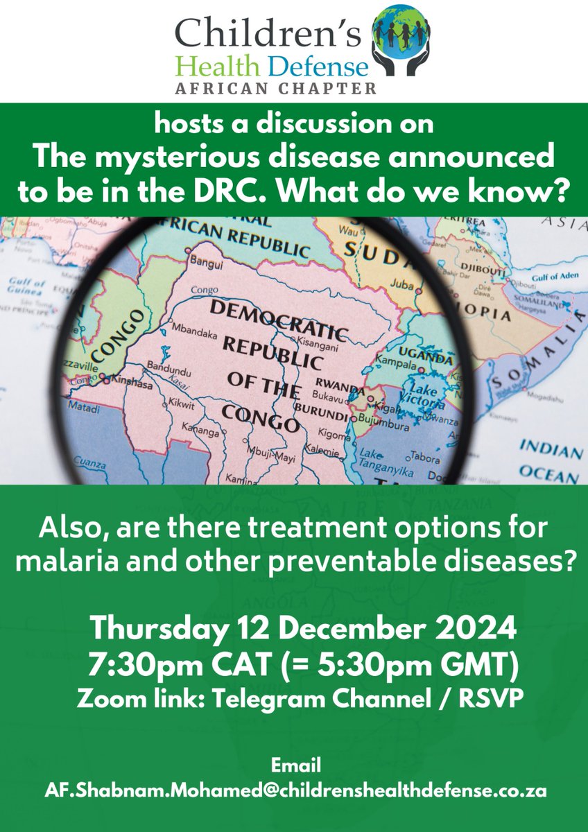🌍 CHD Africa Meeting

⏰ Thursday 12 December 2024 (7:30pm CAT)

🚸 Discussion:
- The mysterious disease announced to be in the DRC
- Malaria: Are there treatment and prevention options?

✅ Register via Zoom in advance:
us02web.zoom.us/meeting/regist… 

📧 Email to Volunteer/Donate to