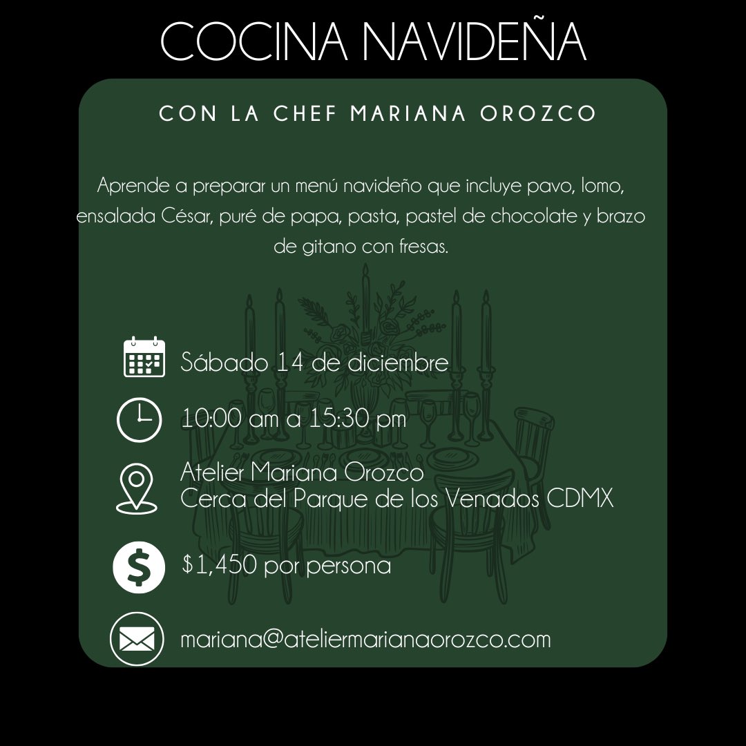 Mariana Orozco (@marianaoe) on Twitter photo Si no tienen planes para la mañana de este sábado, vengan a clase a aprender a cocinar un pavo espectacular, ensalada, pasta, postres y harta cosa deliciosa para su cena navideña.
registro en mariana@ateliermarianaorozco.com Si no tienen planes para la mañana de este sábado, vengan a clase a aprender a cocinar un pavo espectacular, ensalada, pasta, postres y harta cosa deliciosa para su cena navideña.
registro en mariana@ateliermarianaorozco.com
