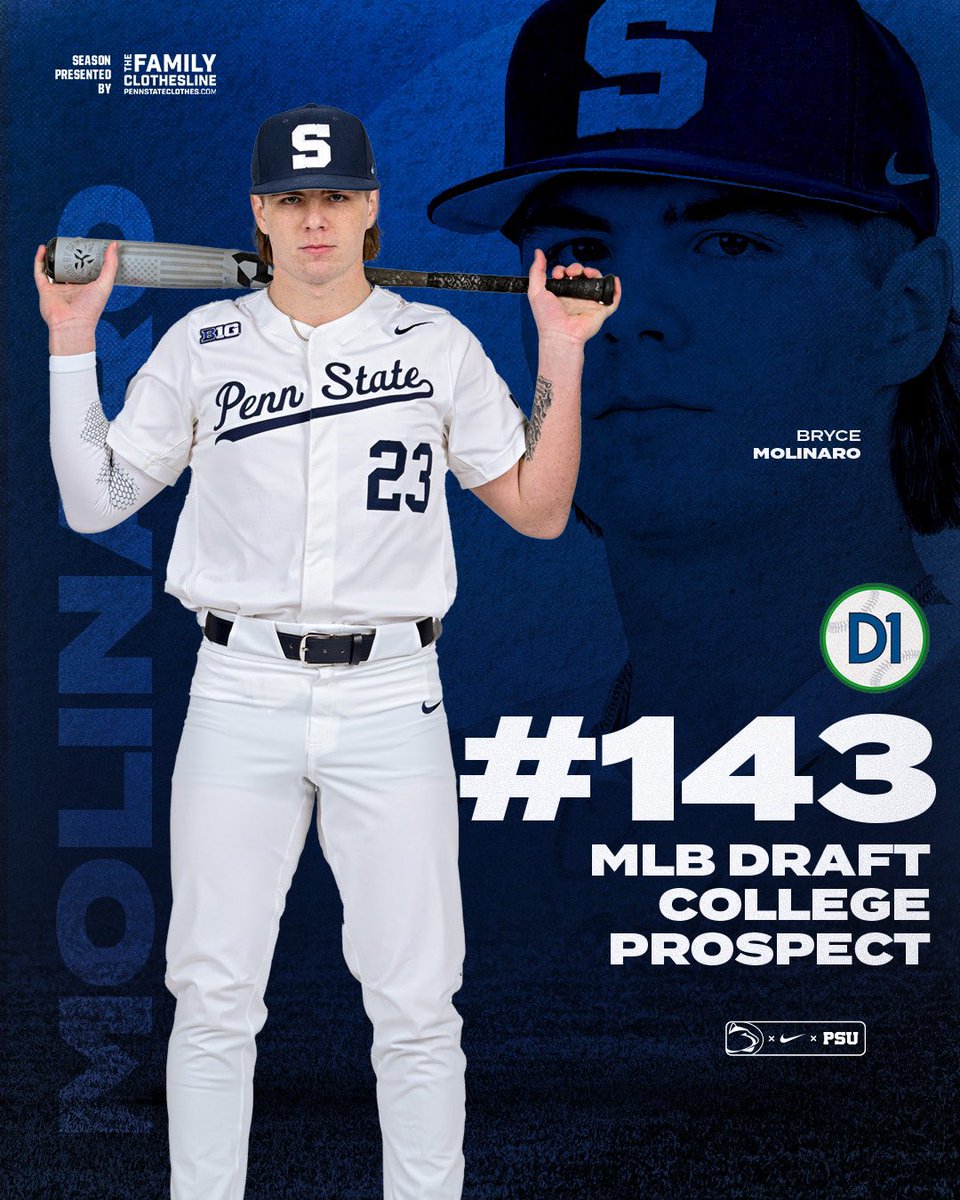 Penn State Baseball (@pennstatebase) on Twitter photo After batting .329 with 11 HR and 45 RBI in 2024, <a href="/BryceMolinaro/">Bryce Molinaro</a> has been tabbed as a Top 150 College Prospect in the 2025 MLB Draft by <a href="/d1baseball/">D1Baseball</a>!
#WeAre After batting .329 with 11 HR and 45 RBI in 2024, <a href="/BryceMolinaro/">Bryce Molinaro</a> has been tabbed as a Top 150 College Prospect in the 2025 MLB Draft by <a href="/d1baseball/">D1Baseball</a>!
#WeAre