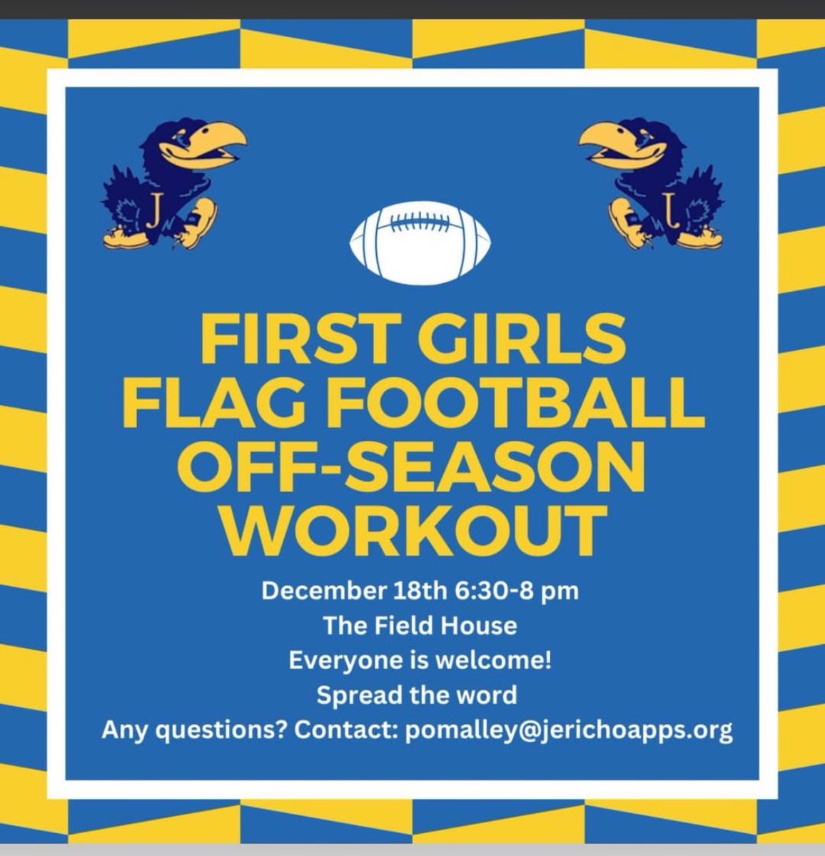 First off-season workout next Wednesday 12/18 6:30 in the field house 🏈 <a href="/jerichosports/">JAYHAWKS</a>