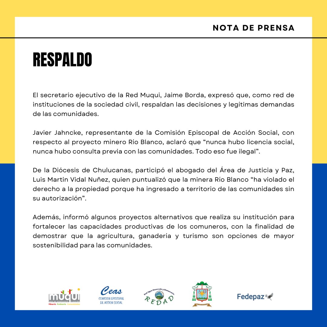 📢¡No a la minería en Piura!
Las comunidades y rondas campesinas de Ayabaca y Huancabamba ratifican su rechazo al proyecto Río Blanco
⚠️Páramos y bosques de neblina en riesgo.
🤝Exigimos respeto a la consulta vecinal (2007) y desarrollo sostenible para las comunidades

#RíoBlanco