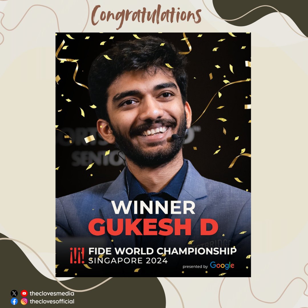 theclovesmedia's tweet photo. Congratulations Champ @DGukesh. It was historic moment for India after #GukeshD clinched the #WorldChessChampionship crown. The 18-year-old made history after dethroning defending champion Ding Liren to become the 18th World Champion. #GukeshDommaraju #GukeshDing https://t.co/7Id3iOReby