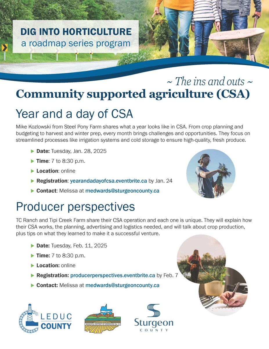 Dig into horticulture! Register for this Community supported agriculture webinar on January 28 and February 11, 2025. 🌾🌱

Year and a day of CSA:
Registration: yearandadayofcsa.eventbrite.ca by Jan. 24

Producer perspectives:
Registration: producerperspectives.eventbrite.ca by Feb. 7