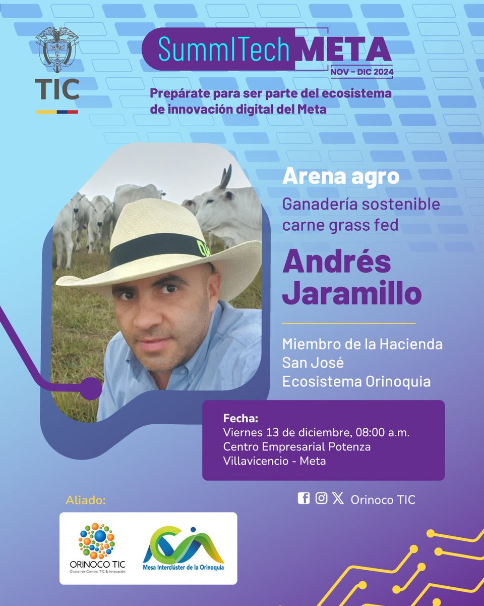 OrinocoTIC's tweet photo. Otra gran experiencia agro estará en #SummITechMeta con el equipo de la Hacienda San José, del Vichada. Son ejemplos de ganadería sostenible en la Orinoquia.

#InnovaciónMeta https://t.co/3cI2gtnv15