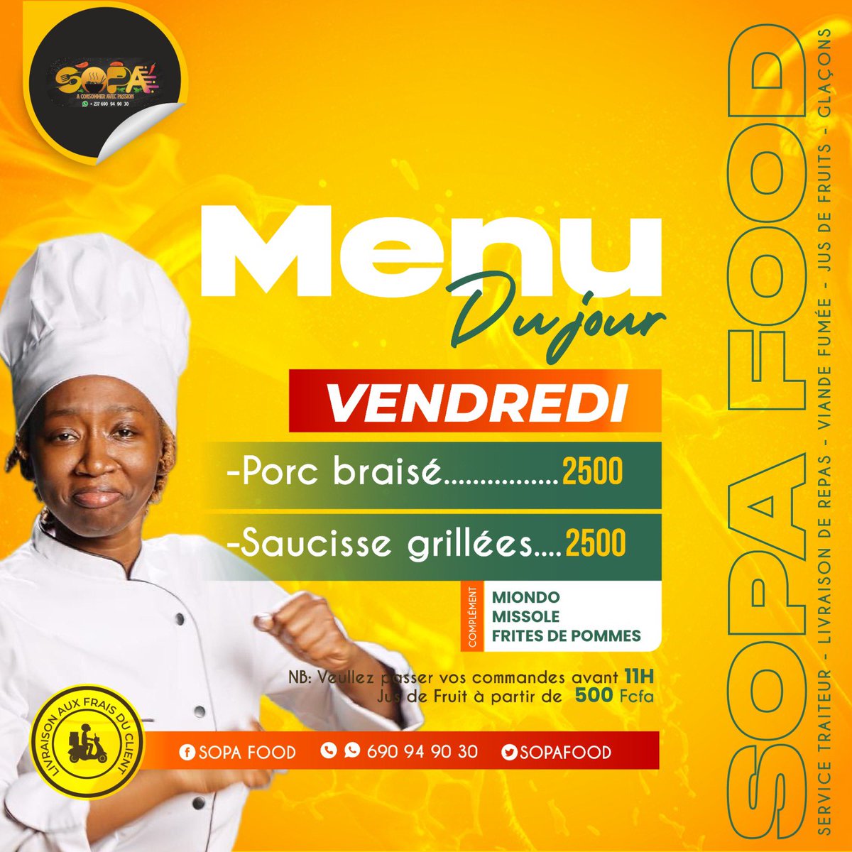 Vendredi, on mange les Grillades chez SOPAFOOD 
Vous pouvez déjà commander ou demain avant 10h et RT svp 

690949040
📍 Douala