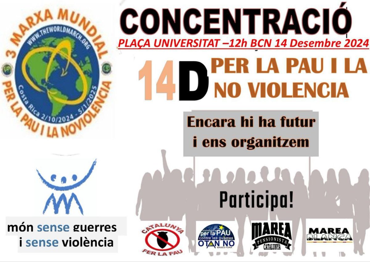 Aquest dissabte per la pau i la no violència et necessitem a la Pl. Universitat a les 12 h

T'esperem