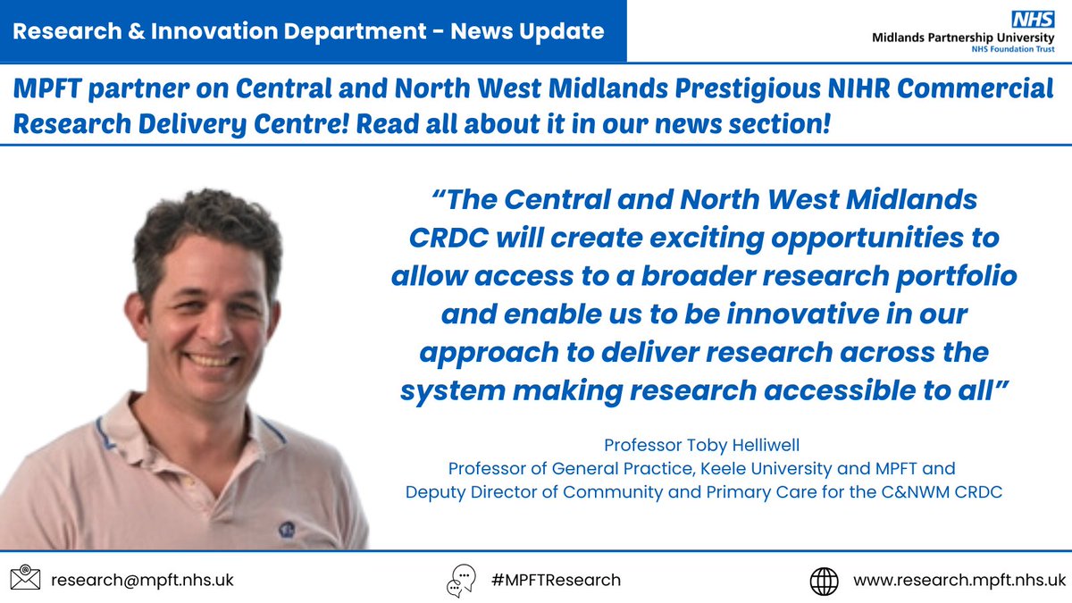MPFTResearch's tweet photo. We’re thrilled to be playing a key role in the successful bid for @NIHRresearch Central &amp; North #WestMidlands CRDC. Hosted by @BWC_NHS it will enable better access to innovative research opportunities &amp; deliver life-changing treatments to more communities: https://t.co/s8w5s8JvUO https://t.co/3XA8omzUPG