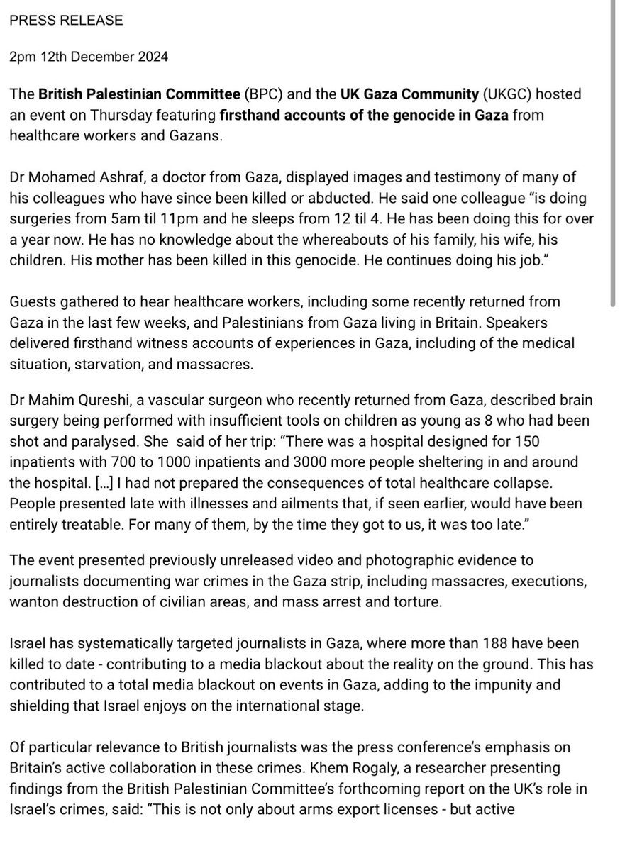 BritPalCommitt's tweet photo. Today BPC &amp; UK Gaza Community held an urgent press conference about the catastrophic situation in northern Gaza, breaking the media blackout - that Israel’s systematic targeting of journalists has produced - with firsthand witness testimony from Gazans and healthcare workers. https://t.co/tCDsSmoYER