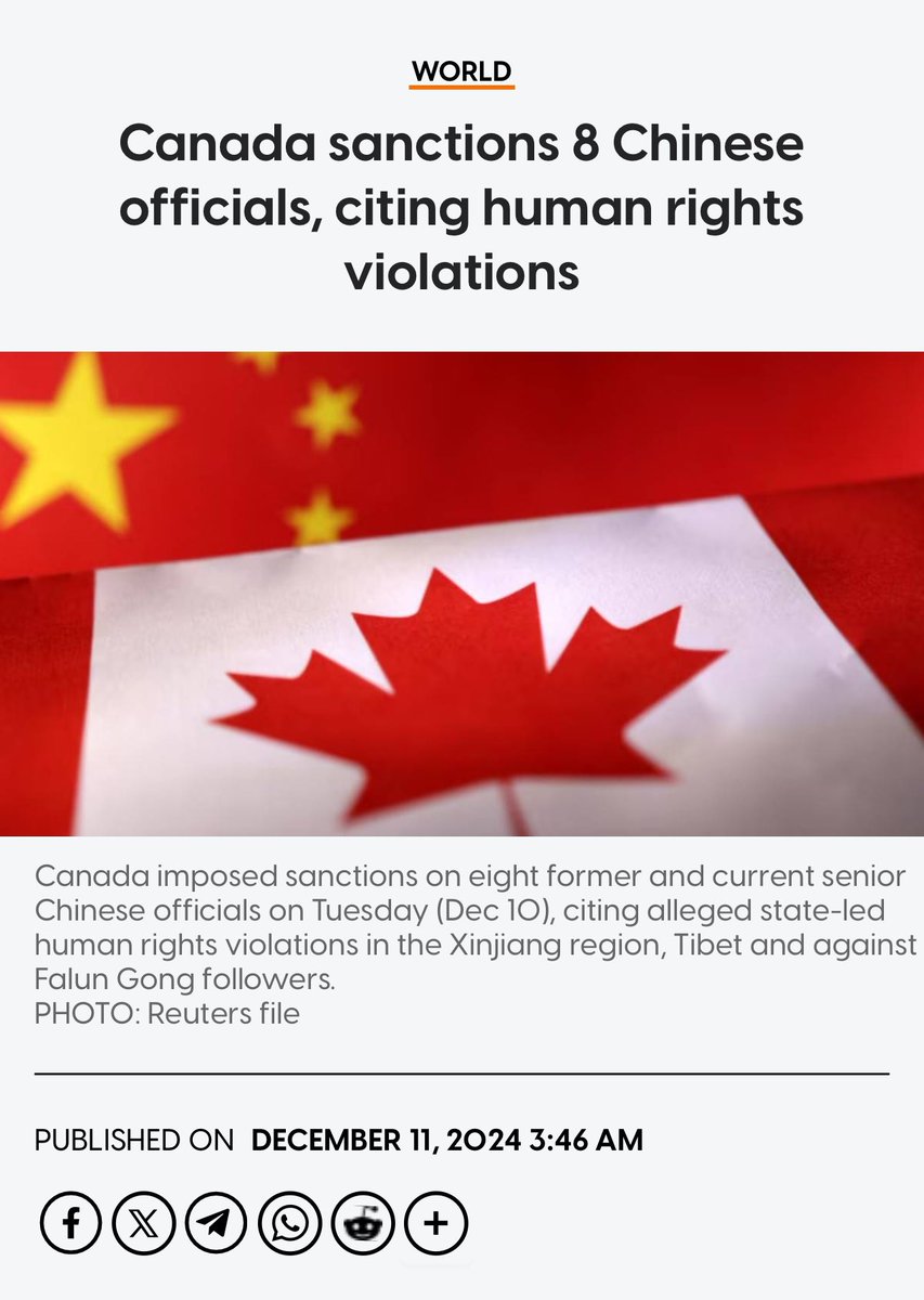FocusCanada1's tweet photo. 加拿大制裁八名中国官员，指控其侵犯人权

渥太华——12月10日，加拿大宣布对八名中国现任和前任高级官员实施制裁，指控其在新疆、西藏的系统性人权侵犯行为。

外交部长梅拉妮·乔利表示，加拿大对自2017年以来新疆地区超过一百万人的任意拘押深表关切，这些人遭受了心理、身体和性暴力。被制裁者包括前新疆党委书记陈全国和2016至2021年间的西藏党委书记吴英杰。

制裁冻结了这些官员在加拿大的资产，并禁止与其进行财产相关活动或提供金融服务。

中国外交部对此强烈反对，称加拿大此举“严重干涉中国内政”，并批评加拿大自身人权问题不断。中国表示将采取必要措施维护主权和利益。

近年来，加中关系因华为高管孟晚舟事件和中国扣押两名加拿大人而趋冷，加之近期对中国政治干涉指控，使关系更加紧张。