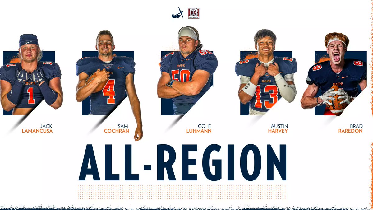 The <a href="/HopeCollegeFB/">Hope College Football</a> defense puts five on the <a href="/d3football/">D3football.com</a> All-Region Teams:
🏈 Linebacker Cole Luhmann
🏈 Safety Sam Cochran
🏈 Defensive lineman Jack Lamancusa
🏈 Defensive back Austin Harvey
🏈 Linebacker Brad Raredon
#d3fb