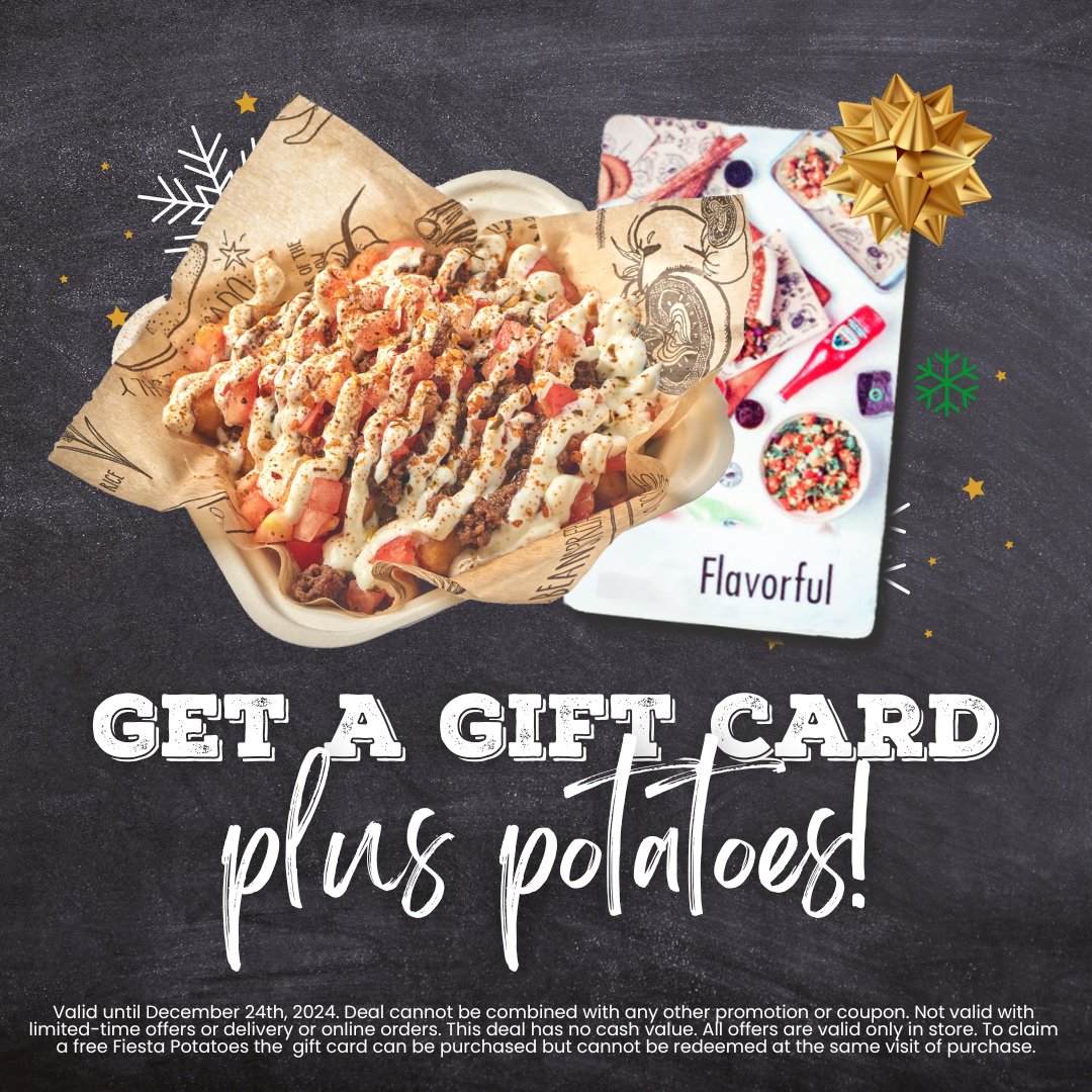 Treat them AND yourself to a delicious gift this holiday season! 🎁 

Purchase a minimum $30 Guac Mexi Grill gift card by December 24th and enjoy a free Fiesta Potatoes on us! ✨

🥑 Find your nearest Guac Location: guacmexigrill.ca/locations
🌮 Order Online: guacmexigrill.ca/guacmenu