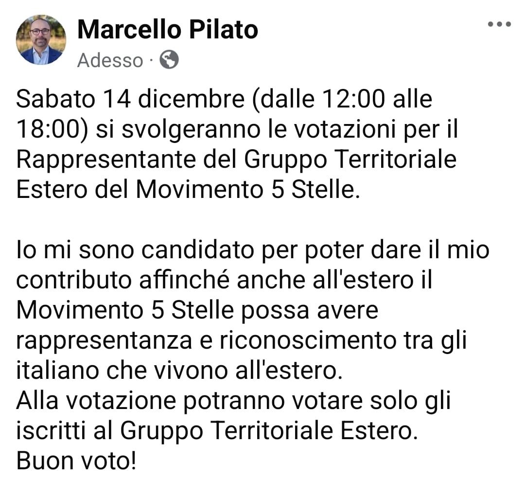 M5SBerlino's tweet photo. 🗳Cari amici del #M5S residenti all'#estero, il nostro Marcello Pilato è candidato come Rappresentante del Gruppo Territoriale #Estero del Movimento 5 Stelle.👇
Le votazioni si svolgeranno online Sabato #14dicembre (dalle 12:00 alle 18:00) previa ricevuta mail di invito.Buon voto https://t.co/c7WCw95Bcu