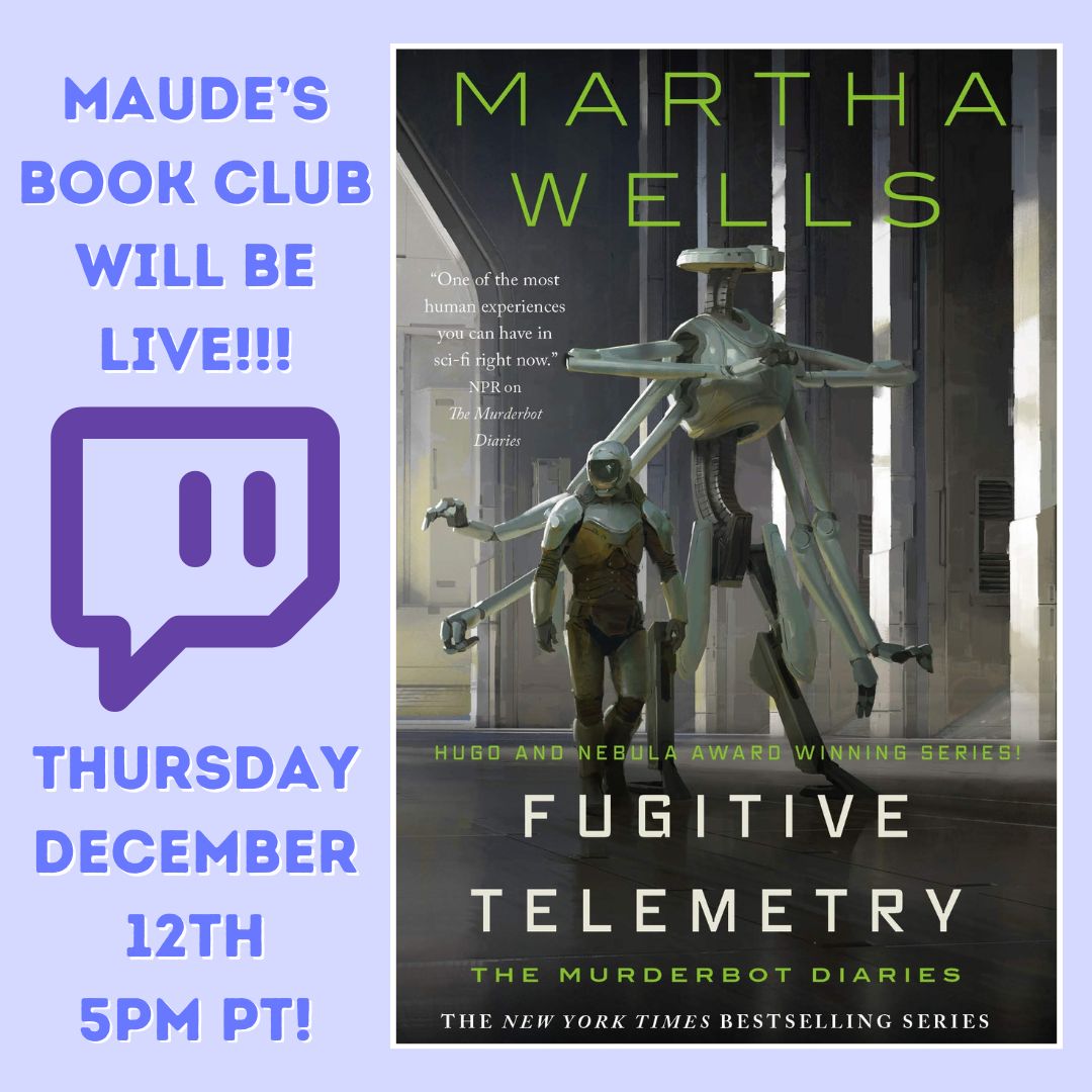maudesbookclub's tweet photo. π¨π¨ IT'S BOOK CLUB DAY!!! ππΒ
Who's ready to discuss #TheMurderbotDiaries book 6 #FugitiveTelemetry by #MarthaWells with @maudegarrett today? π€
Join us for the whole book discussion at 5 pm PT on https://t.co/4JYJENiX75.
π·οΈ #bookclub #bookish https://t.co/sszk3cwkli