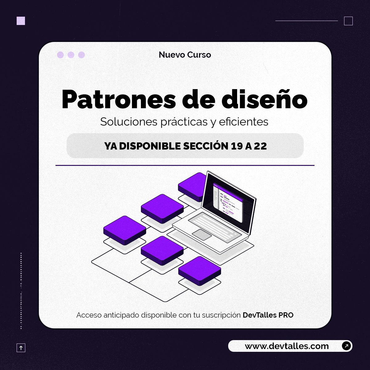 DevTalles's tweet photo. 🧑🏻💻 ¡Actualizado el curso en construcción: #PatronesDeDiseño - Soluciones prácticas y eficientes!
1⃣9⃣ #Proxy
2⃣0⃣ #Código fuente
2⃣1⃣ #PatronesDeComportamiento
2⃣2⃣ #ChainOfResponsibility
🚀 Obtén Acceso Anticipado con Suscripción PRO, desde tu portal o: https://t.co/KcLBPCAXkm https://t.co/e1JxIj6Mb0