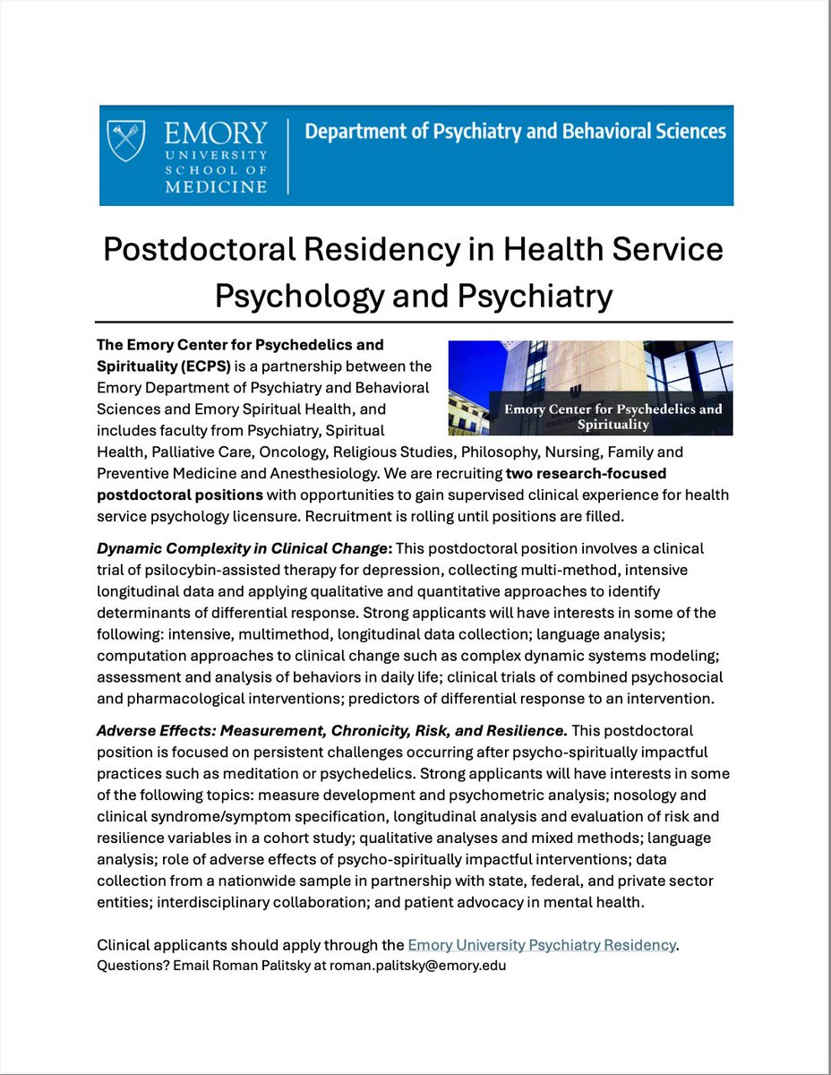 The Emory Center for Psychedelics and Spirituality (ECPS) is recruiting for two research-focused postdoctoral positions! See below for more information.