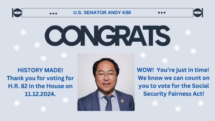 mort4short53's tweet image. Senator @AndyKimNJ 
You've arrived just in time to vote twice for the #SocialSecurityFairnessAct in your new position as U.S. Senator.
Please ask Senator Schumer to bring H.R. 82 to the floor and let him know he can count on your vote.
 
#GPOWEPMustGo_NOW