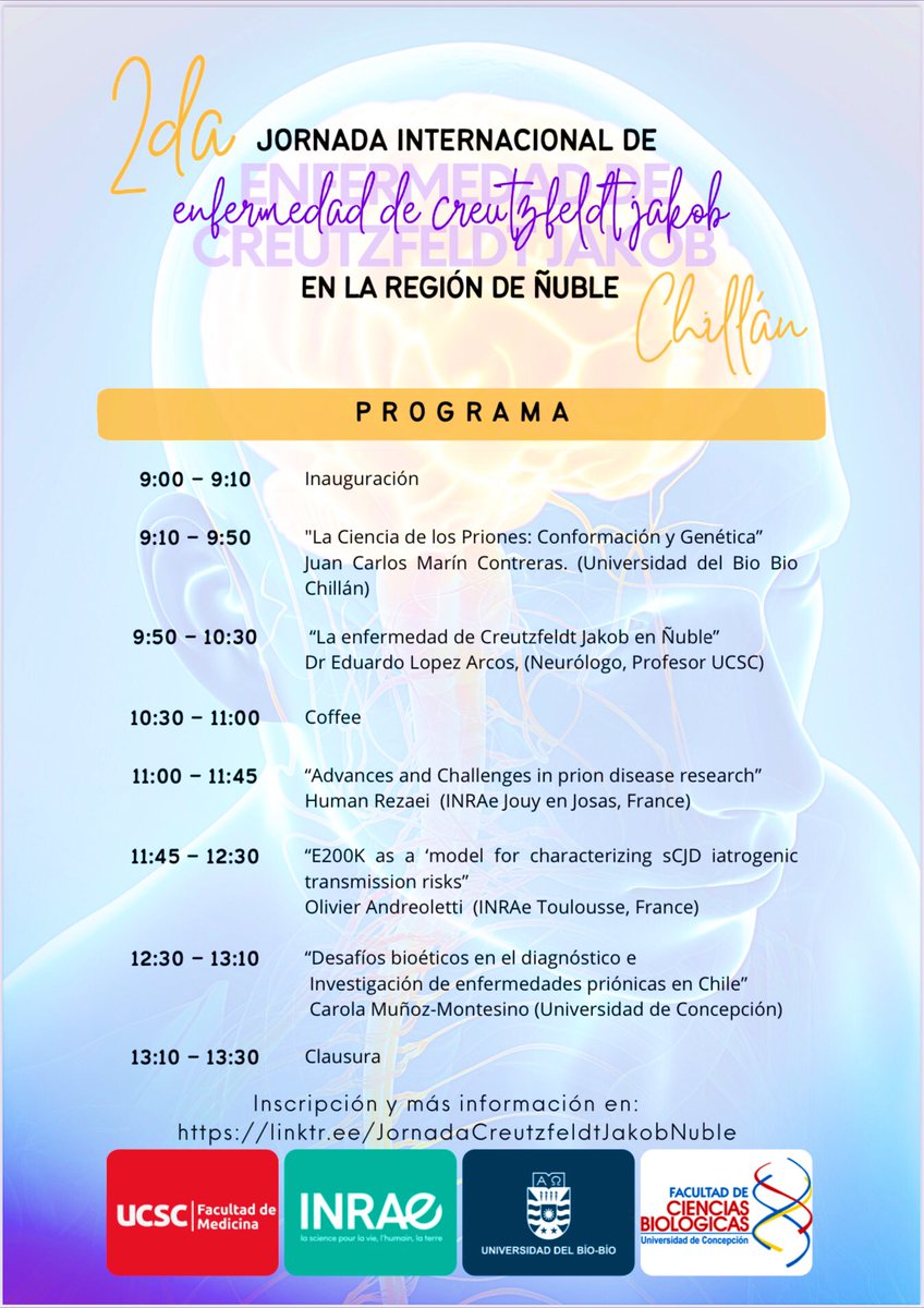 Los invitamos a participar de la II Jornada Internacional de la Enfermedad de #Creutzfeldt-Jakob en #Ñuble 
18 de Enero de 2025, a las 9:00 Hrs.

Los esperamos en el Aula Magna, Campus Fernando May, de la Universidad del Biobío en #Chillán

Inscripción:
linktr.ee/JornadaCreutzf…