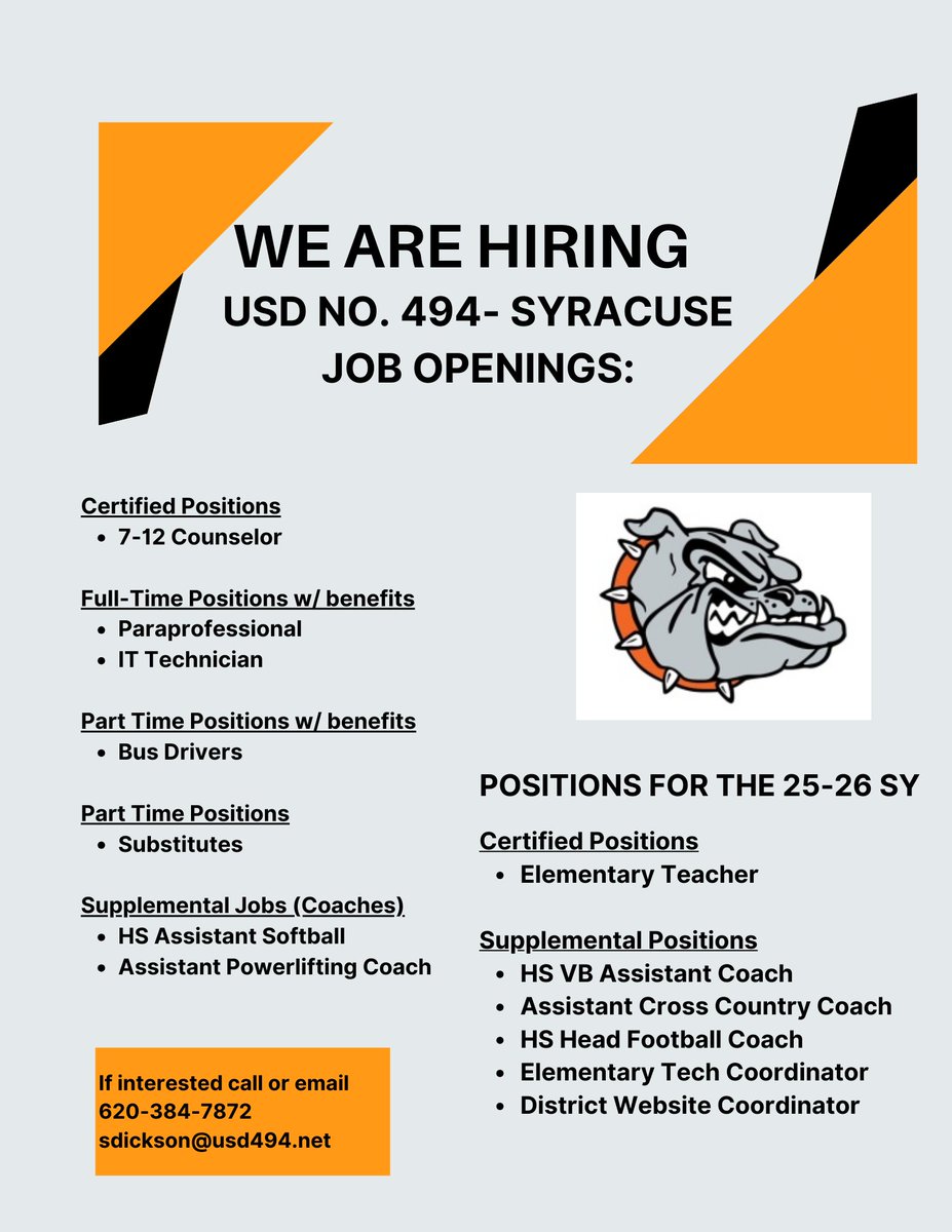 USD494 Syracuse School District (@usd494) on Twitter photo Take a look at current positions that are available, as well as positions that are available for the 2025-26 school year! If you have any interest please give Sami a call at (620)384-7872 or you can email her at Sdickson@usd494.net Take a look at current positions that are available, as well as positions that are available for the 2025-26 school year! If you have any interest please give Sami a call at (620)384-7872 or you can email her at Sdickson@usd494.net
