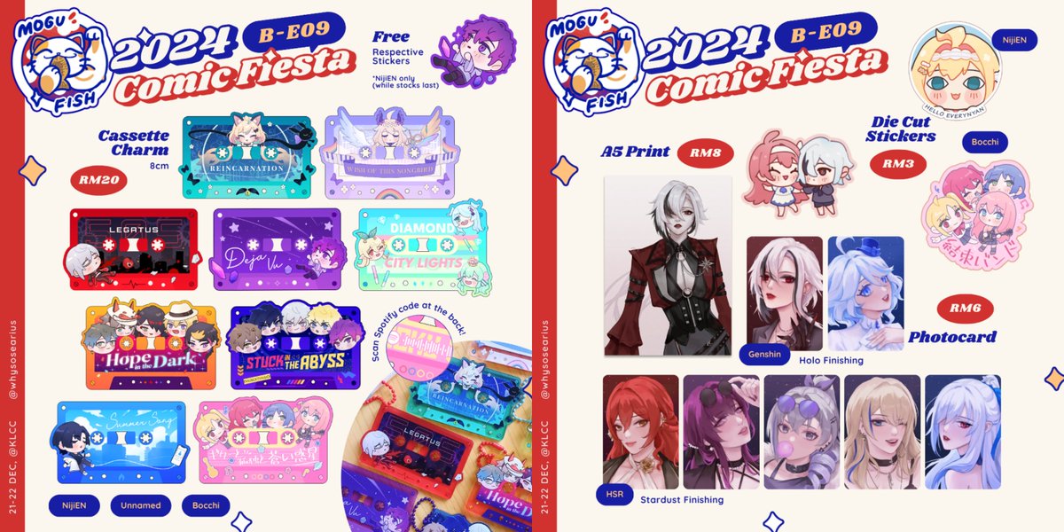 will be at #comicfiesta2024 with <a href="/mogu_fish/">mogufish 🐟 Online Order</a>!!!🐟
here's my catalog! preorders open till thurs (link below)

📍B-E09 mogufish @ KLCC Hall 7
📅 21-22 dec

tgswiiwagaa / hsr / genshin / hq / nijien / given / pokemiku + more!
