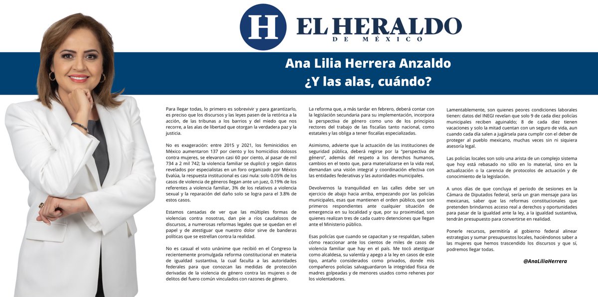 AnaLiliaHerrera's tweet photo. Para llegar todas, lo primero es sobrevivir y para garantizarlo, es preciso que los discursos y las leyes pasen de la retórica a la acción y del miedo que nos recorre, a las alas de libertad que otorgan la paz y la justicia.

✍🏼 Escribo en @heraldodemexico
https://t.co/Llmdinjyek https://t.co/AtTzMxWYIz