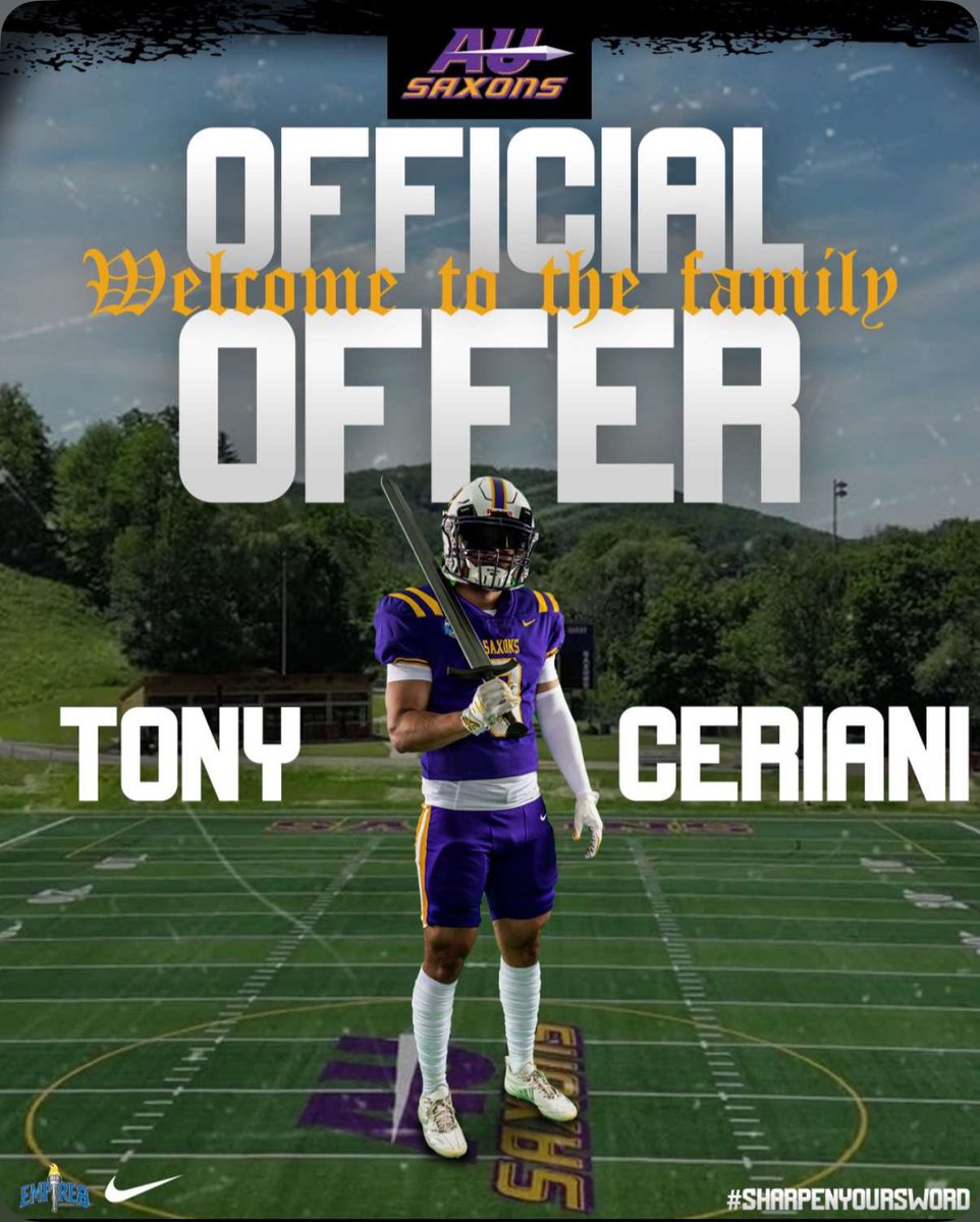 After a great call from <a href="/Coach_Rankl/">Bob Rankl</a> I’m very excited to say that I received an offer to continue my education and play football for <a href="/AUSaxonFootball/">Alfred U Football</a> <a href="/AUSaxons/">Alfred University Saxons</a> Thank you,I’m very excited for the opportunity! <a href="/BrookvilleRaid2/">Brookville Raider Football</a> <a href="/bmorrison32/">Bill Morrison</a>