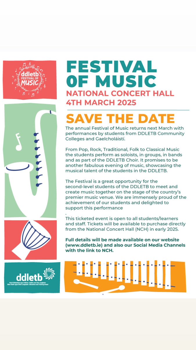 Dublin & Dún Laoghaire ETB (@ddletb) on Twitter photo Save the date and spread the word 👏🎵🎶🎶🎵 #Teamddletb <a href="/ETBIreland/">ETBI</a> #ddletb #ddletbCommunityColleges <a href="/NCH_Music/">National Concert Hall</a>  #ETBEthos #Community Save the date and spread the word 👏🎵🎶🎶🎵 #Teamddletb <a href="/ETBIreland/">ETBI</a> #ddletb #ddletbCommunityColleges <a href="/NCH_Music/">National Concert Hall</a>  #ETBEthos #Community