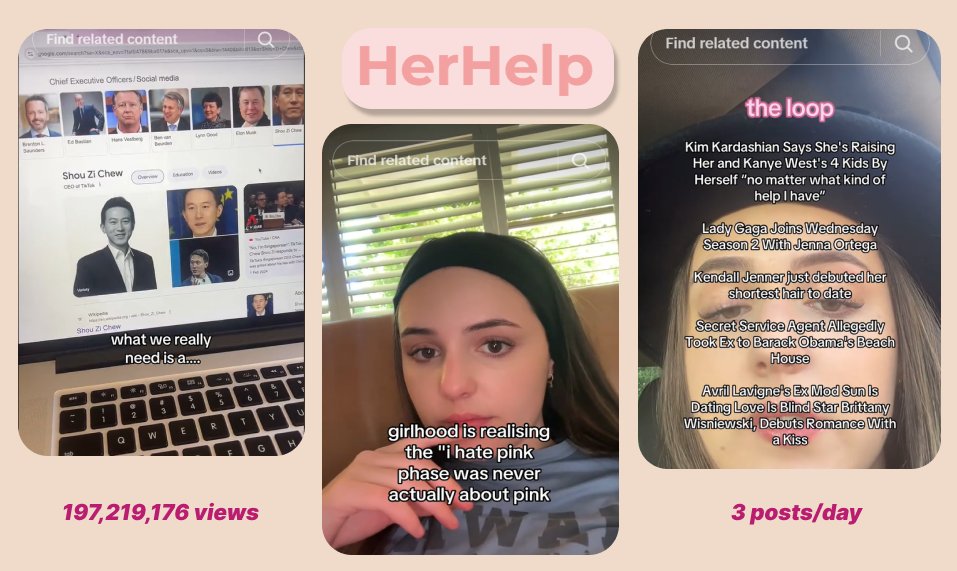 Lexy McDonald is the 22y old founder of Her Help, a wellness &amp; girlhood app:

> 197,219,176 views over 5 accounts
> 3,190 posts in 3 years => 3/day on avg

Quick breakdown of her TikTok content formats: