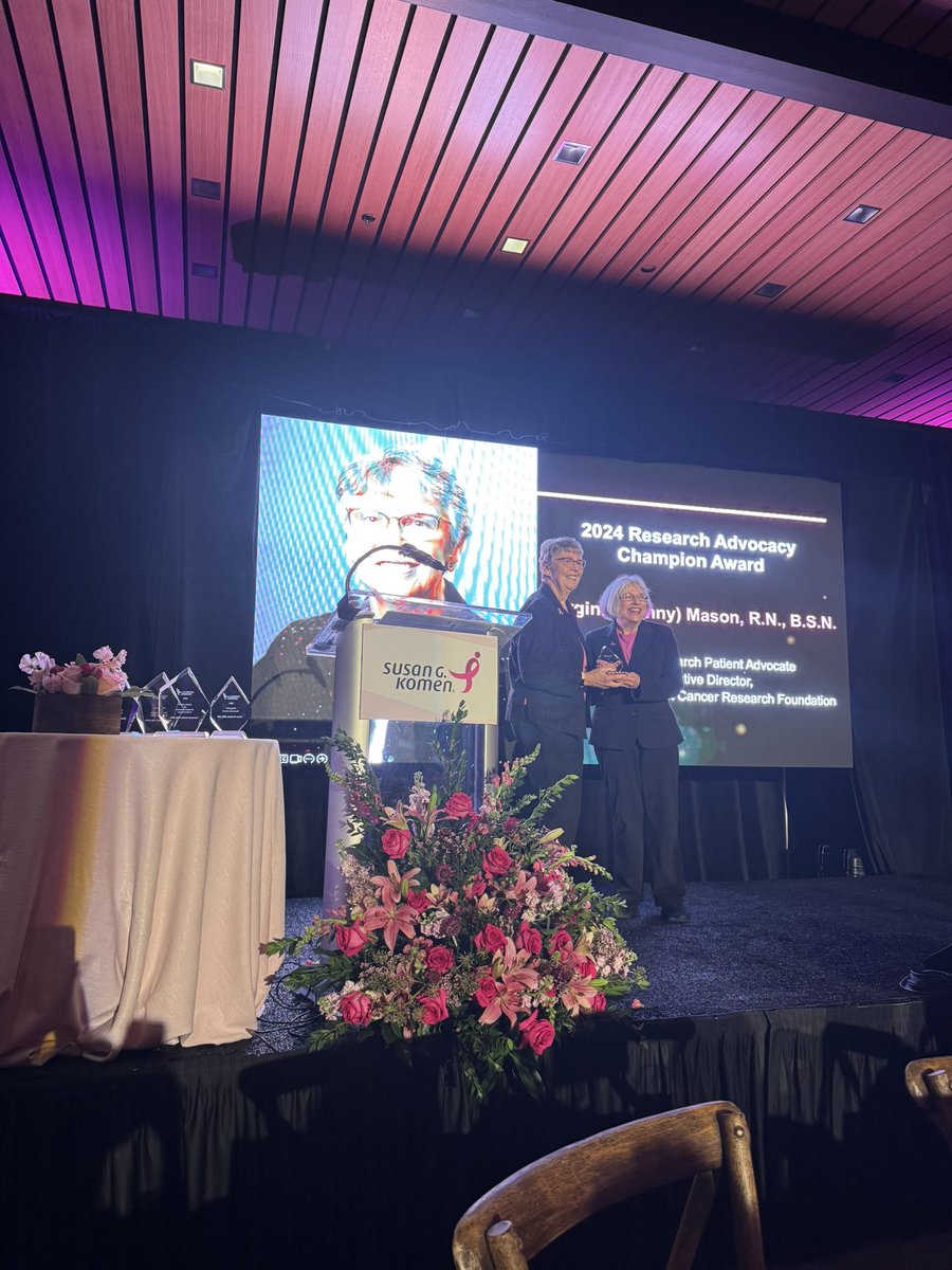reshmajagsi's tweet image. So happy to celebrate Ginny Mason, whose work as a patient advocate has truly saved lives! Ginny received the well deserved @SusanGKomen Research Advocacy Champion award at #SABCS24 #bcsm @SABCSSanAntonio @ASTRO_org @SWOG