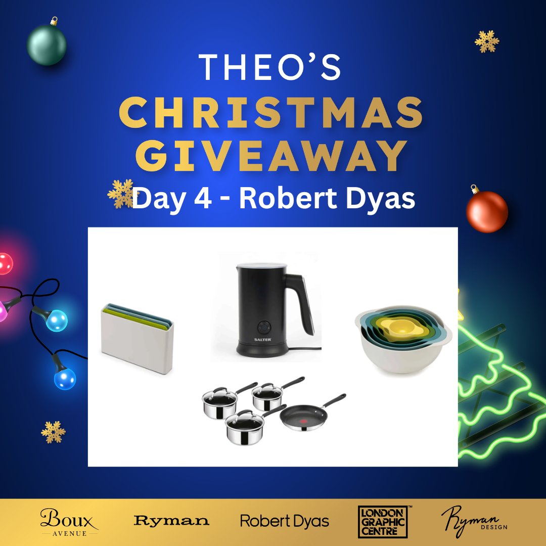 The final day of #TheosXmasGifts is now open !

To be in with a chance of winning a fantastic bundle from Robert Dyas, make sure to follow <a href="/RobertDyas/">Robert Dyas</a> and my account whilst commenting #TheosXmasGifts below this post between 10am-5pm !

Full T&amp;Cs 👉  bit.ly/3Vn8tjf
