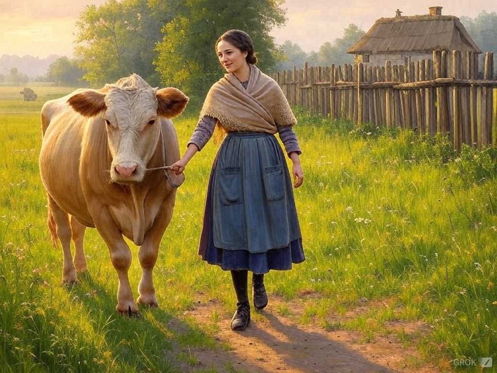 AlexWhite____'s tweet photo. A painting on canvas depicting a young woman returning with a cow from a pasture in Europe in the late 19th century
#AIart #AI #Grok2 #Grok2images #Grok2new #art #paintings #country #pasture #cow https://t.co/OqbUHkEk8z