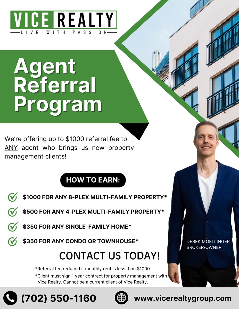 dmoellinger1's tweet photo. 💸 Earn up to $1,000 in referral fees! 💸

We’re offering up to $1,000 to ANY agent who brings us new property management clients:
✔️ $1,000 for 8-Plex Multi-Family
✔️ $500 for 4-Plex Multi-Family
✔️ $350 for Single-Family, Condo, or Townhouse

📞 Call us today at 702-550-1160 https://t.co/l2IQWMHLjb