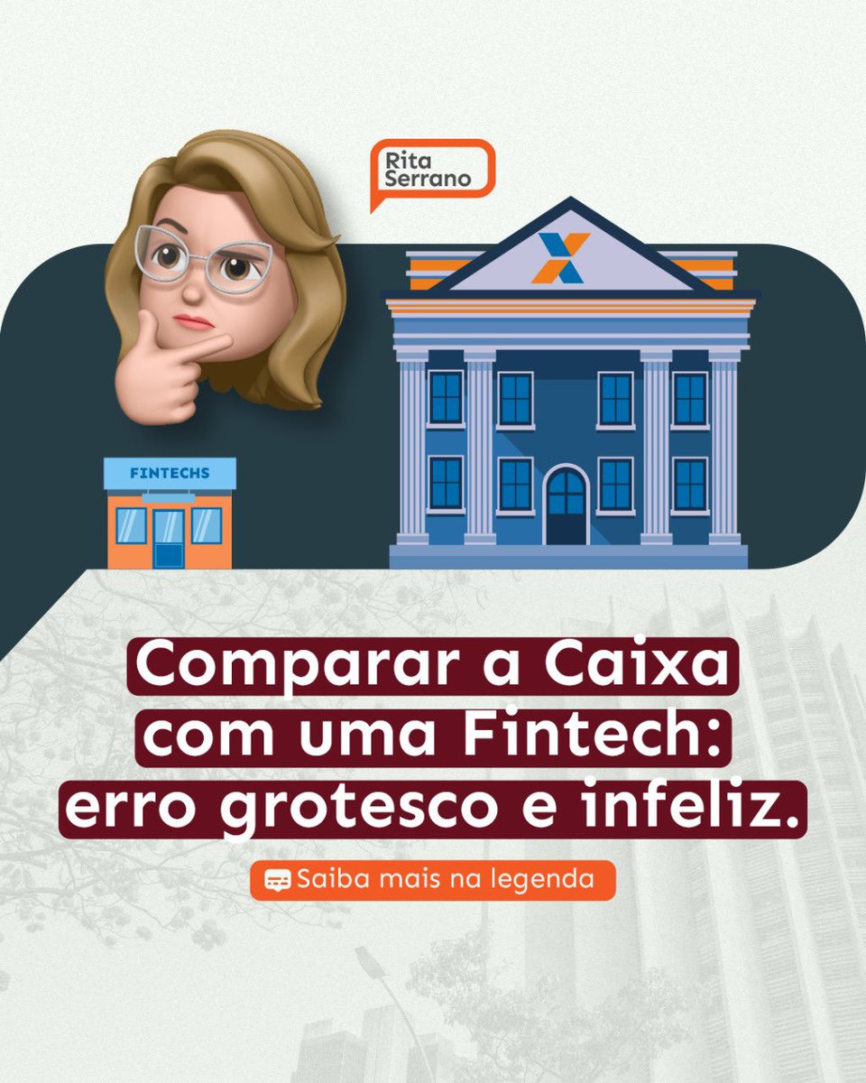 ritaserranoofc's tweet photo. Comparar a Caixa com uma Fintech:  erro grotesco e infeliz.
Em audiência pública na Câmara dos Deputados realizada na última segunda-feira (9), e transmitida ao vivo a pedido de entidades e deputados para discutir a ampliação de contratação de empregados do último concurso da Caixa, o representante da direção do banco comparou a Caixa a uma fintech, para justificar que não há necessidade de contratação de mais empregados.
A Caixa, empresa pública centenária, que tem a maior carteira habitacional do mundo, e é a maior gestora de programas sociais do Brasil, com maior capilaridade em pontos de atendimento não pode, em hipótese alguma, ser comparada com o trabalho executado por uma fintech ou banco digital. Não existe nenhuma similaridade entre essas instituições. 
A fala de representante da direção do banco contribui para alertar a sociedade e as entidades para a necessidade de retomar o debate sobre a importância da Caixa Pública. 
Para que a Caixa se mantenha sustentável e íntegra para os próximos anos (e não virar Fintech), é urgente investir em Pessoas, em tecnologia, melhorar os controles internos, transparência e governança, e principalmente, garantir formação adequada para dirigentes e empregados, que devem ser despertados para o espírito público e o compromisso com o patrimônio do Povo Brasileiro.   Disponibilizo meu livro: Caixa, banco dos brasileiros, lançado em 2018, para quem deseja conhecer melhor a história da empresa. O arquivo digital está   no meu site: https://t.co/OO55o5Fzp4