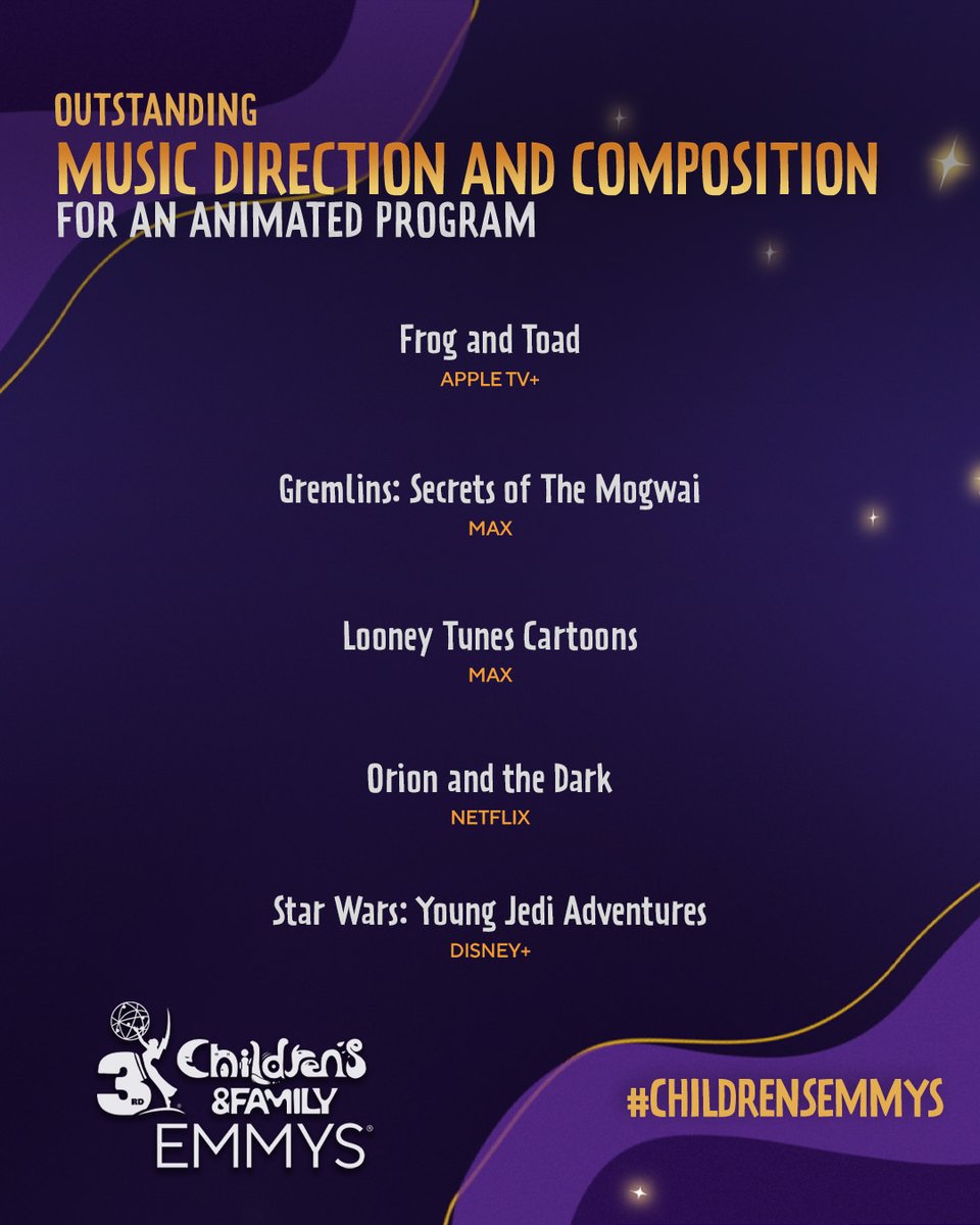 The Emmys (@theemmys) on Twitter photo #ChildrensEmmys Music Direction for Animated Program Noms:
- Frog and Toad (@appletv)
- Gremlins: Secrets of The Mogwai (<a href="/StreamOnMax/">Actually HBO Max</a>)
- Looney Tunes Cartoons (<a href="/LooneyTunes/">Looney Tunes</a>)
- Orion and the Dark (@Netflix)
- Star Wars: Young Jedi Adventures (<a href="/DisneyPlus/">Disney+</a>) #ChildrensEmmys Music Direction for Animated Program Noms:
- Frog and Toad (@appletv)
- Gremlins: Secrets of The Mogwai (<a href="/StreamOnMax/">Actually HBO Max</a>)
- Looney Tunes Cartoons (<a href="/LooneyTunes/">Looney Tunes</a>)
- Orion and the Dark (@Netflix)
- Star Wars: Young Jedi Adventures (<a href="/DisneyPlus/">Disney+</a>)