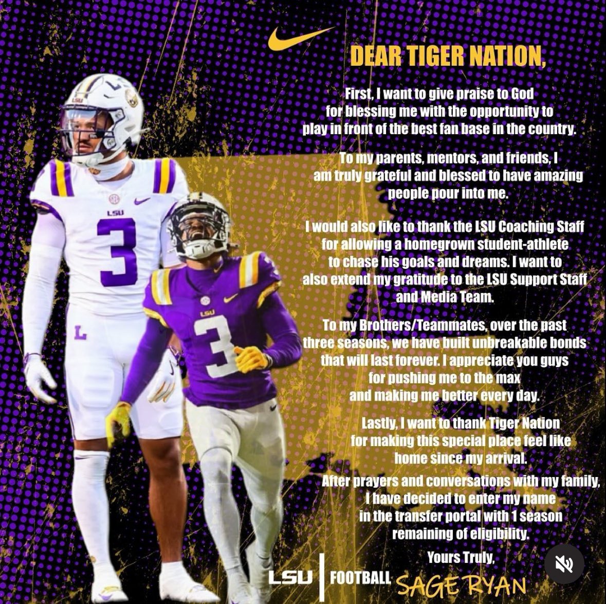 BatonRougeBKM's tweet photo. #LSU DB Sage Ryan has announced that he is entering the transfer portal. 

The former LCA standout entered the portal last offseason before deciding to return to BR. https://t.co/Pf89L7iXkU