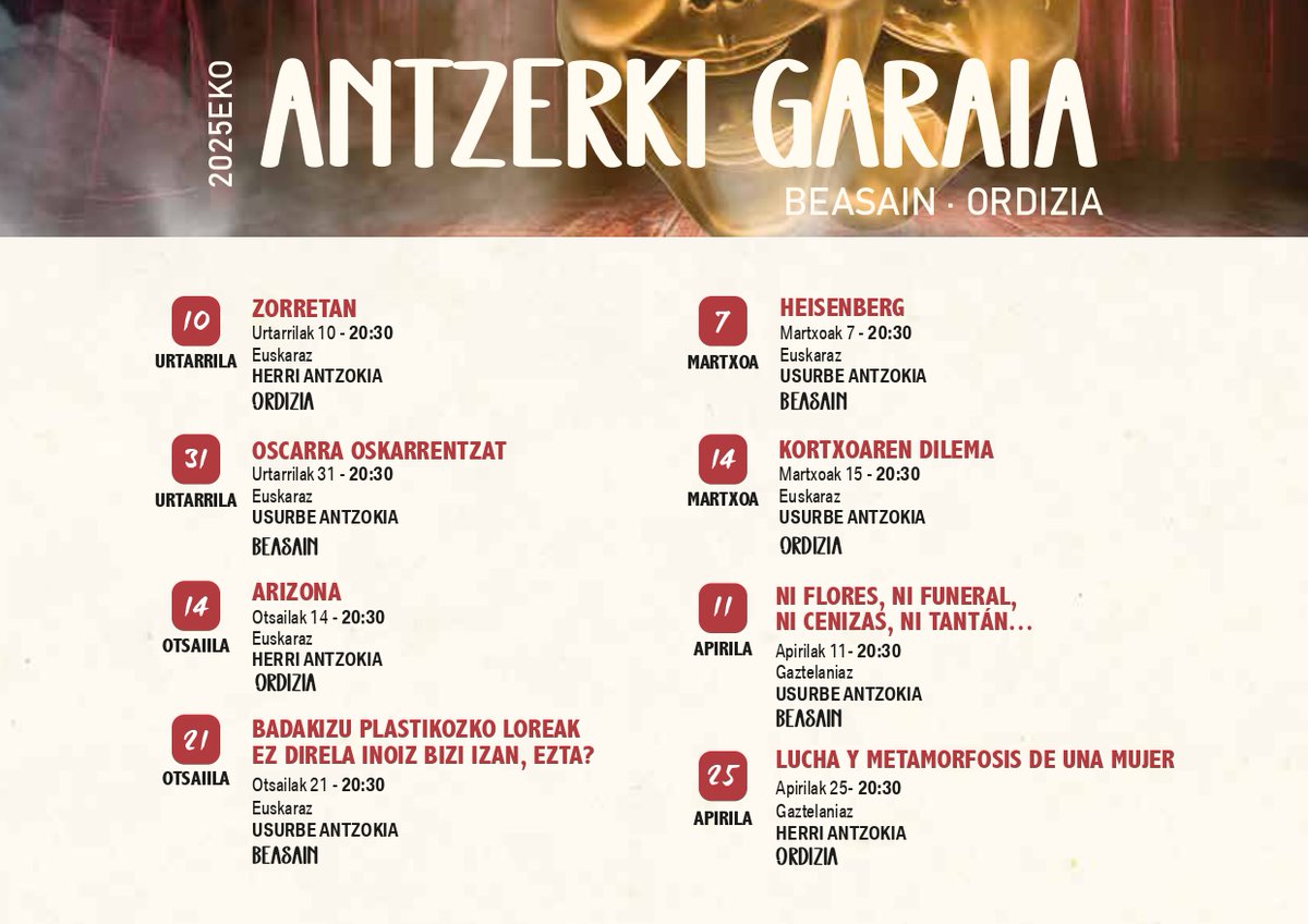 🎭📑Antzerkiarekiko zaletasuna hauspotzen jarraitzeko iragarri dute #Antzerkiagaraia2025 #Beasain #kultura #egitaraua
🎭📑Difundir la afición por el teatro objetivo de la nueva programación #Tiempodeteatro2025 #cultura 
ℹ️ labur.eus/EN9rc