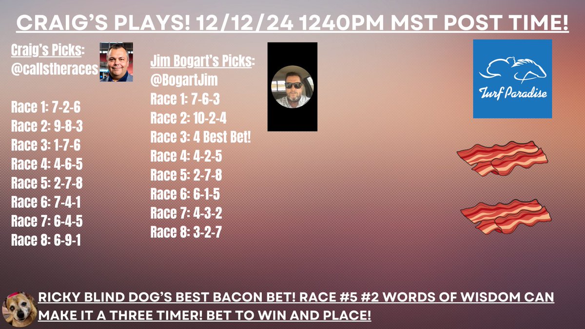 turf_paradise's tweet photo. Thursday racing at Turf Paradise and the only stakes action in the country, as well! We welcome @BogartJim as our guest handicapper today. With Ricky Blind Dog in great form, let's see how Jim does against @callstheraces and #handicappinghound! https://t.co/KmHwt1u5Ld