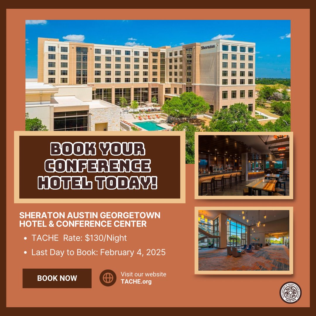 🌟BOOK YOUR STAY TODAY!🌟
 
👉 Visit TACHE.org for more details and to book your stay today. The link on our website is the only way you can secure your stay at the special TACHE rate, so please take advantage of our booking link.
 
#TACHE2025 #ConferenceHotel