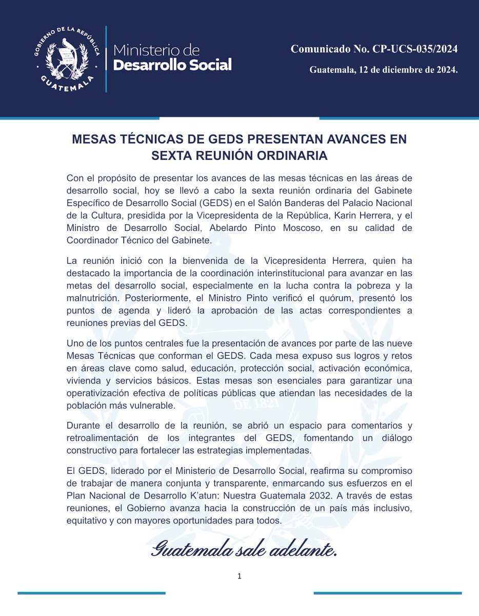 Midesgt's tweet photo. #ComunicadoMides No. 35 | Mesas Técnicas del #GEDS presentan avances en sexta reunión ordinaria.
🔗 https://t.co/ETSaUR1AoK https://t.co/qxG6hc6CaA