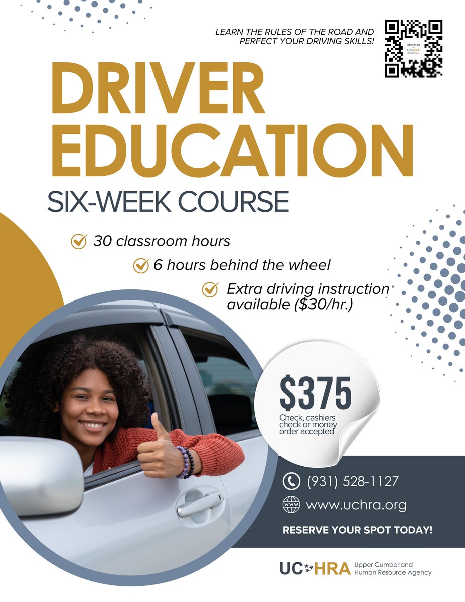 Learning to drive is a key milestone! 🚗 #UCHRA's Driver's Ed program equips new drivers with the skills, knowledge, and confidence to navigate the road responsibly.

📞 Call (931) 528-1127 or visit uchra.org/drivers-educat… to learn more! #DriversEd #SafeDriving