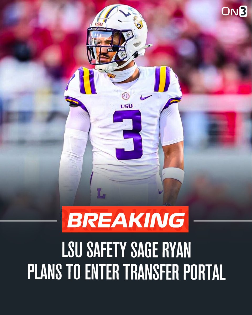 TransferPortal's tweet photo. NEWS: LSU starting safety Sage Ryan plans to enter the NCAA Transfer Portal, he announced.

Ryan recorded 41 tackles, 12 pass deflections and 1 interception this season. 

https://t.co/Lzbgky1Rbp