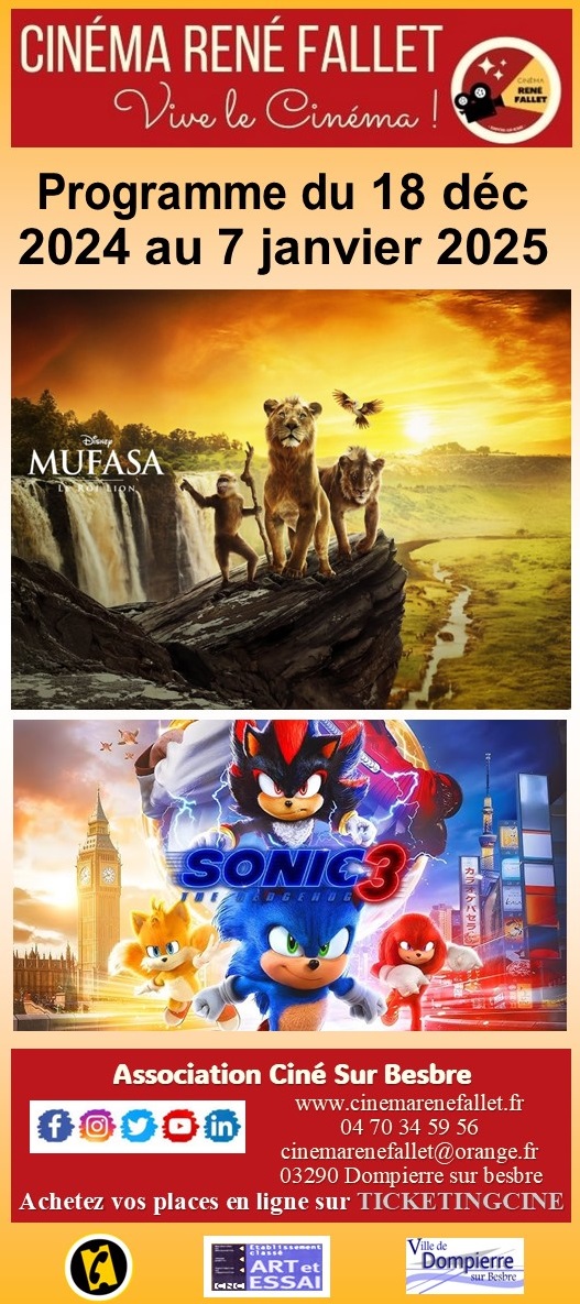 Cinema_RFallet's tweet photo. Le nouveau programme qui démarre ce mercredi 18 décembre est maintenant disponible !
A l'affiche, notamment, MUFASA LE ROI LION et SONIC 3 dès leur premier jour de sortie. https://t.co/YBXtCQiMaZ