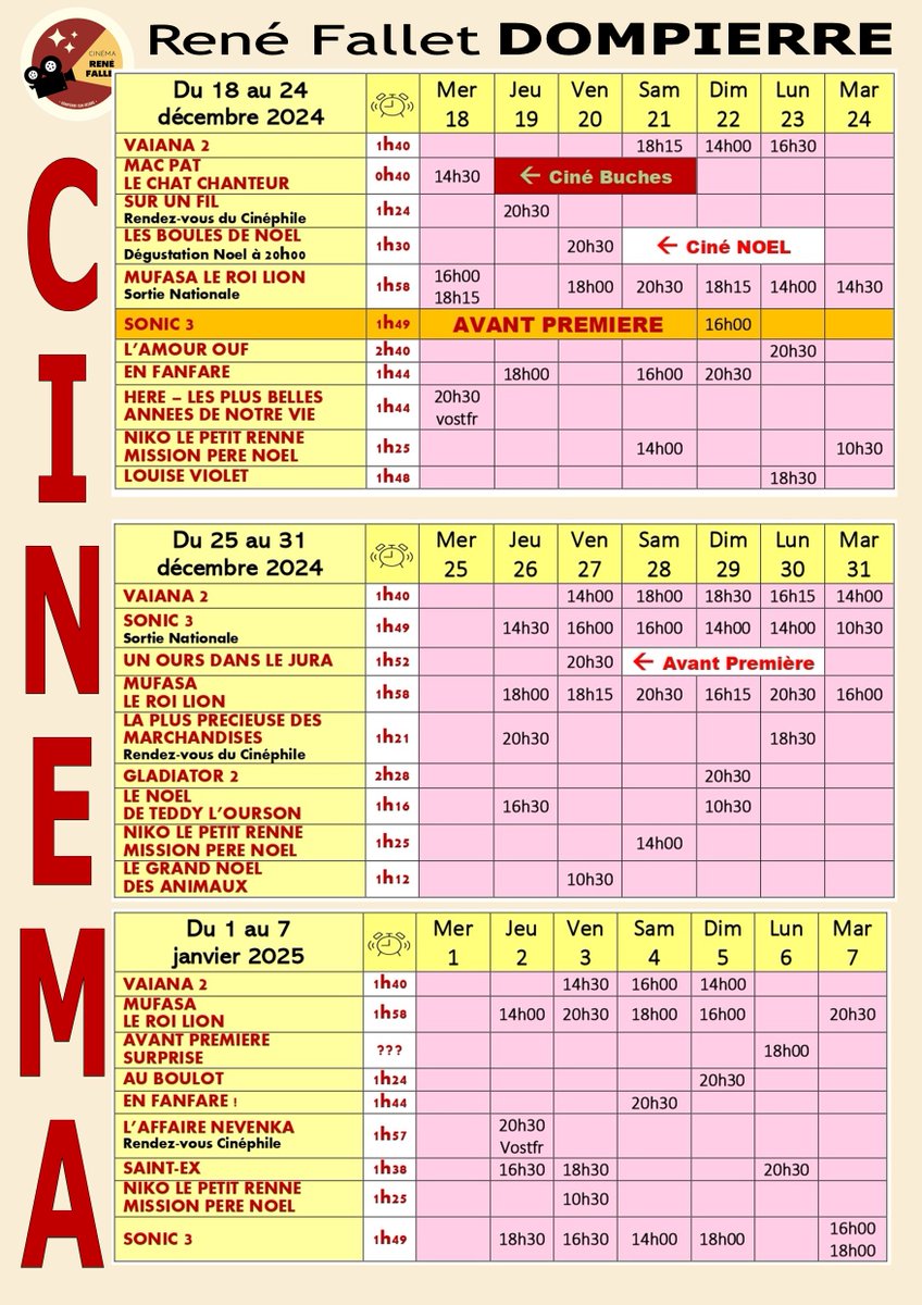Cinema_RFallet's tweet photo. Le nouveau programme qui démarre ce mercredi 18 décembre est maintenant disponible !
A l'affiche, notamment, MUFASA LE ROI LION et SONIC 3 dès leur premier jour de sortie. https://t.co/YBXtCQiMaZ